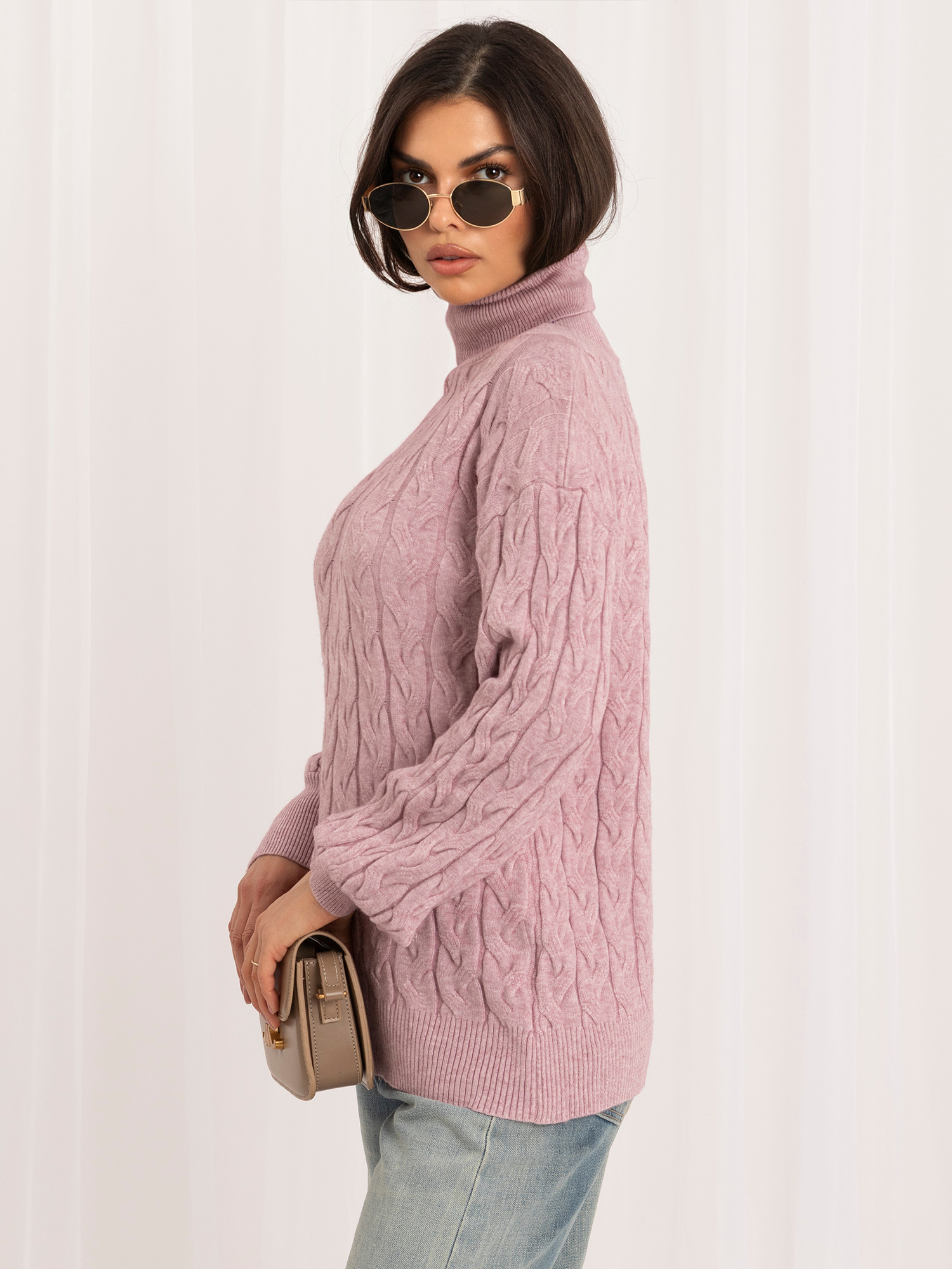 Jasnofioletowy sweter golf damski ze ściągaczami