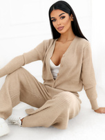 Camelowy sweterkowy komplet ze spodniami wide leg