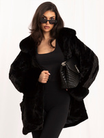 Czarny futrzany płaszcz oversize z ozdobnym kołnierzem 