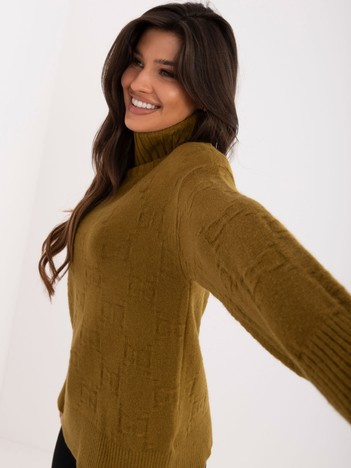 Oliwkowy damski sweter golf ze ściągaczami