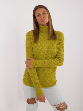 Oliwkowy damski sweter golf w ażurowy wzór 