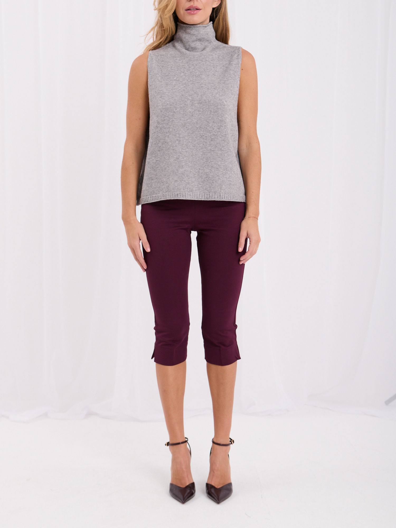 Burgundowe eleganckie spodnie capri z wysokim stanem
