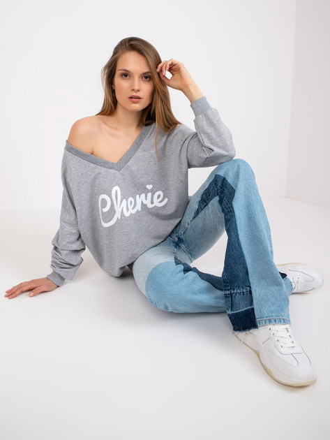Szaro-biała bluza oversize z nadrukiem i dekoltem w serek 