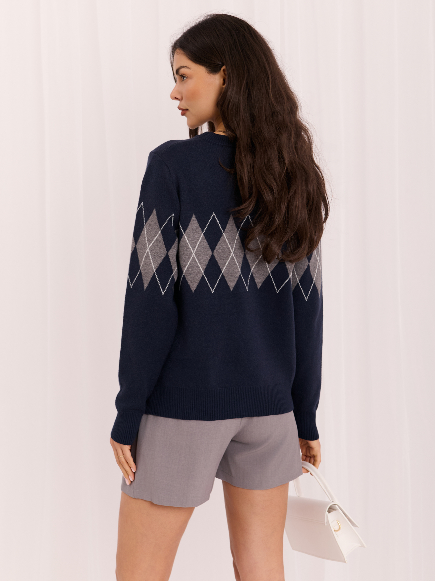 Granatowy damski sweter oversize w romby