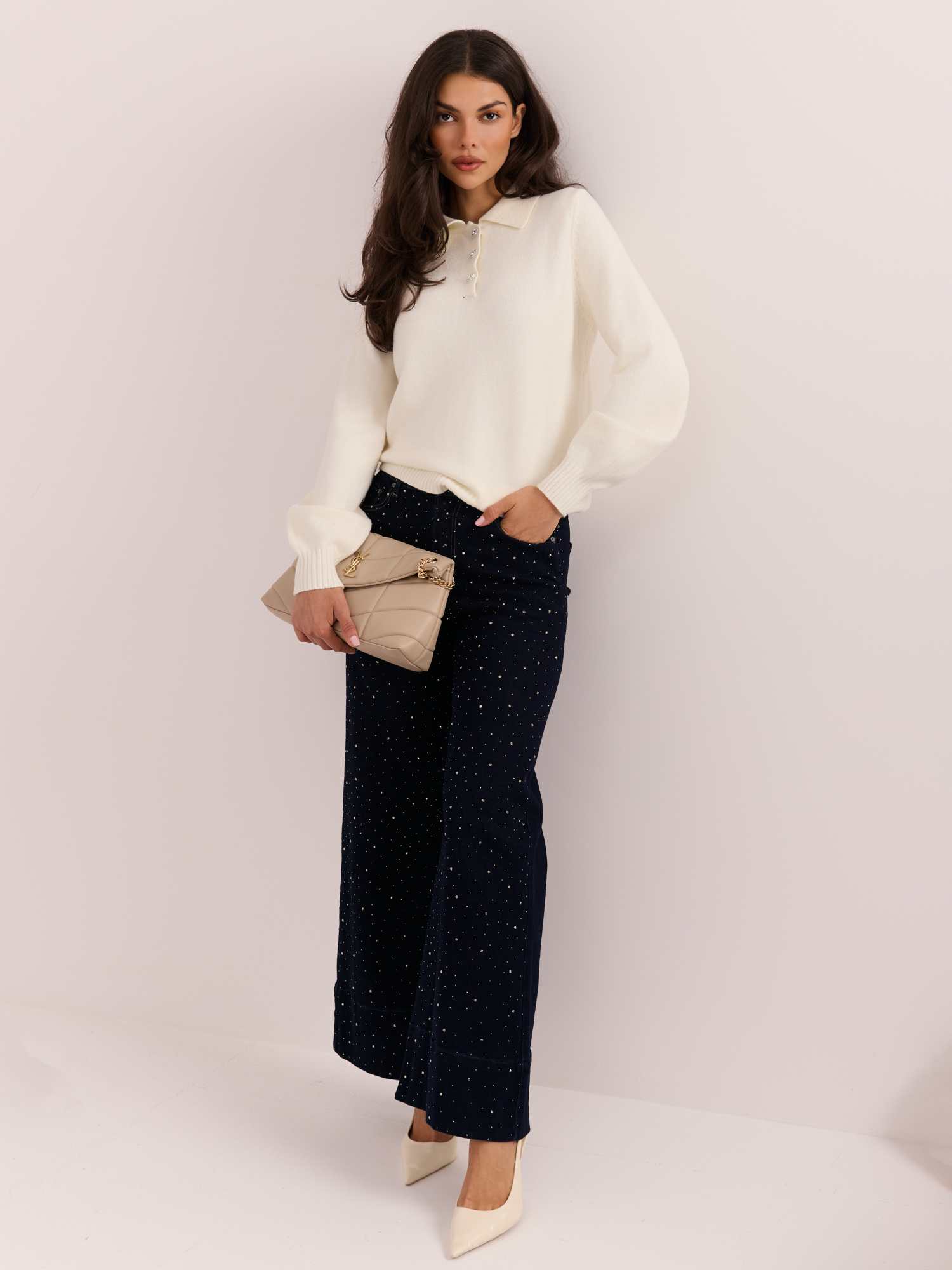 Ecru elegancki sweter typu polo