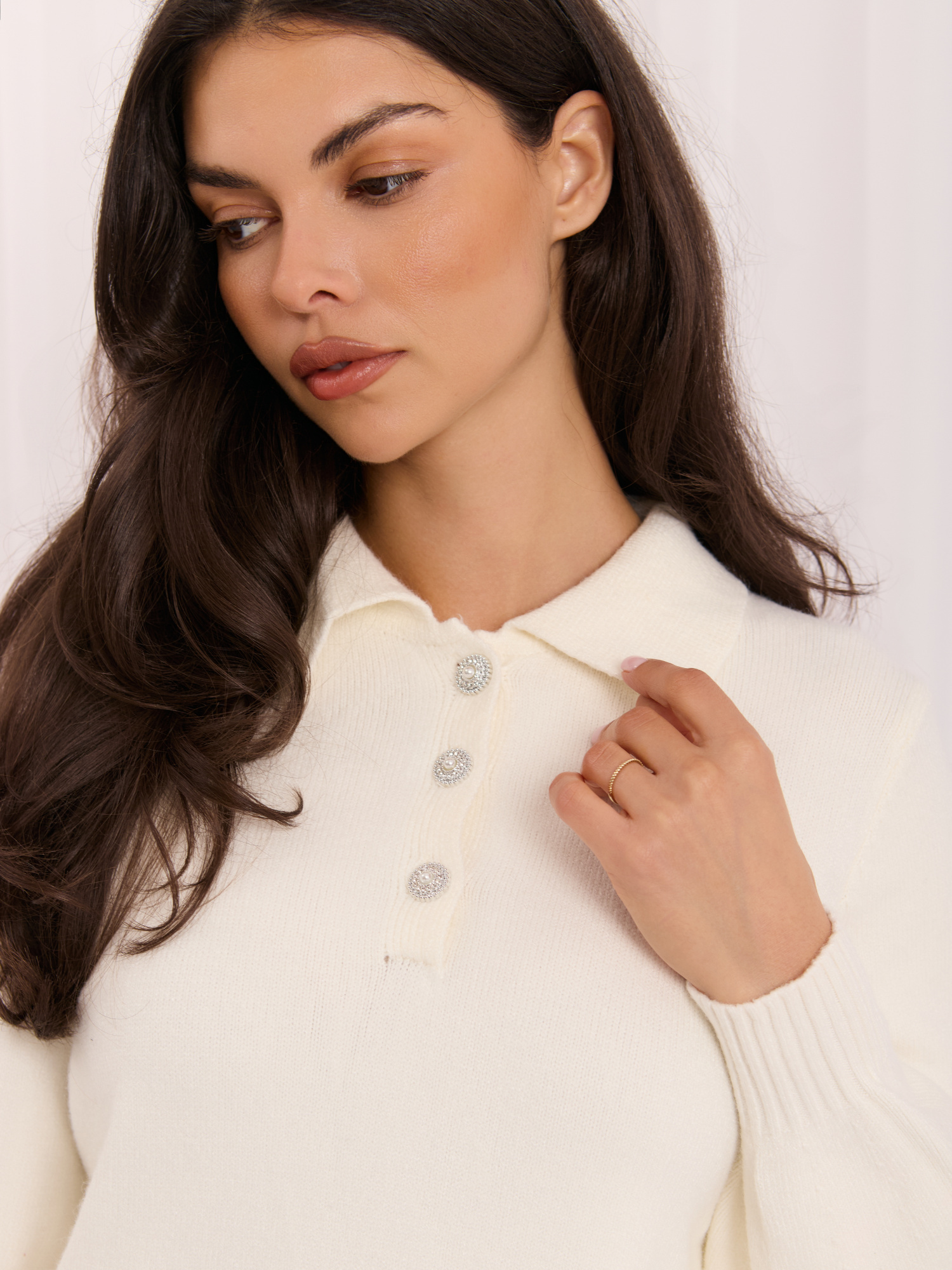 Ecru elegancki sweter typu polo