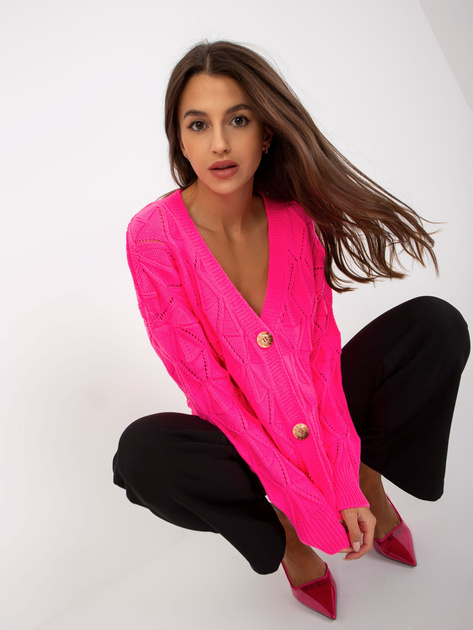 Fluo różowy sweter rozpinany w ażurowy wzór RUE PARIS 
