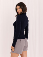 Granatowy damski sweter typu polo w warkocze
