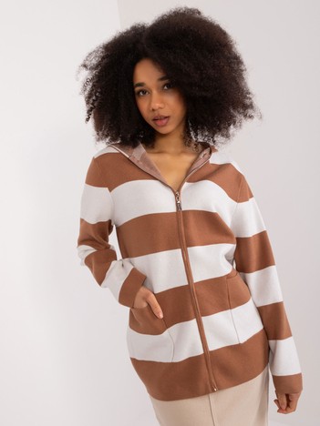 Brązowo-biały damski sweter rozpinany z wiskozą 
