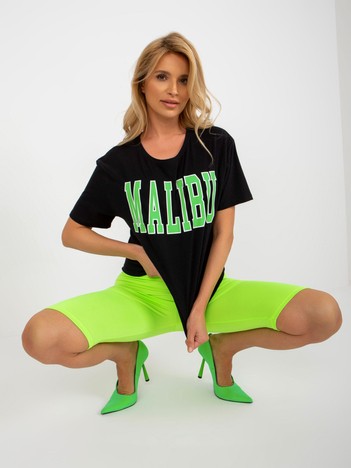 Czarno-fluo zielony komplet letni z t-shirtem z napisem
