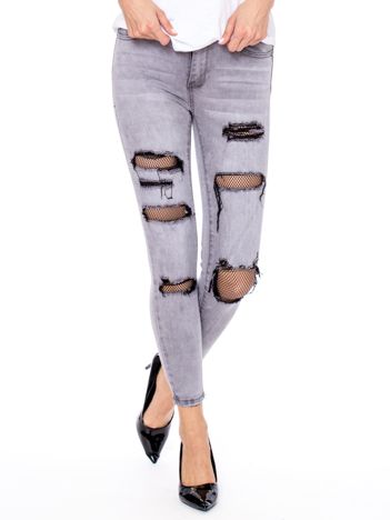 Szare jeansowe rurki z siatkowymi wstawkami