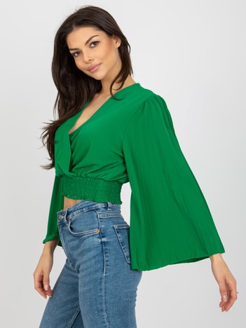Zielona krótka bluzka wizytowa z plisowanymi rękawami