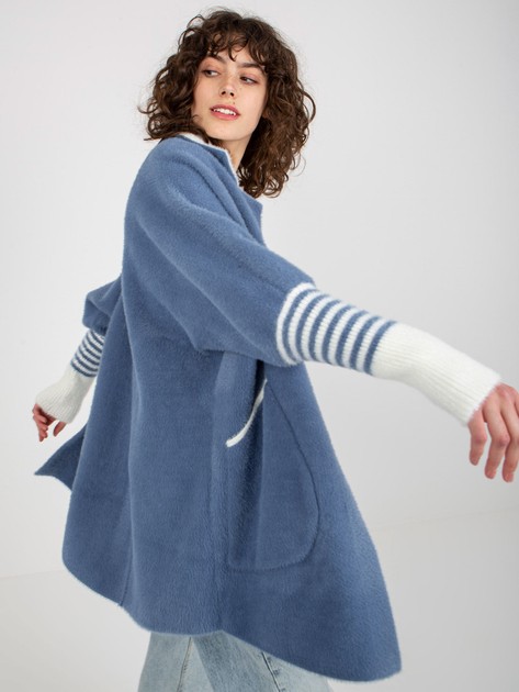 Ciemnoniebieski damski płaszcz alpaka z kieszeniami  