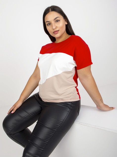 Czerwono-beżowy t-shirt plus size z okrągłym dekoltem 