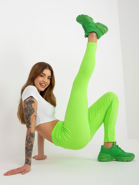 Fluo zielone prążkowane legginsy basic high waist