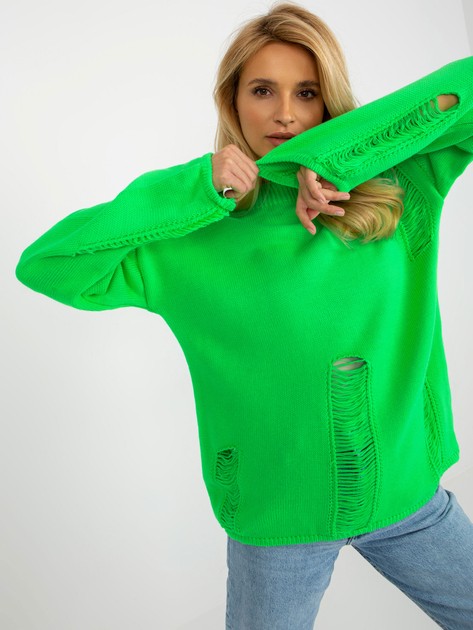 Fluo zielony damski sweter oversize z dziurami z wełną  