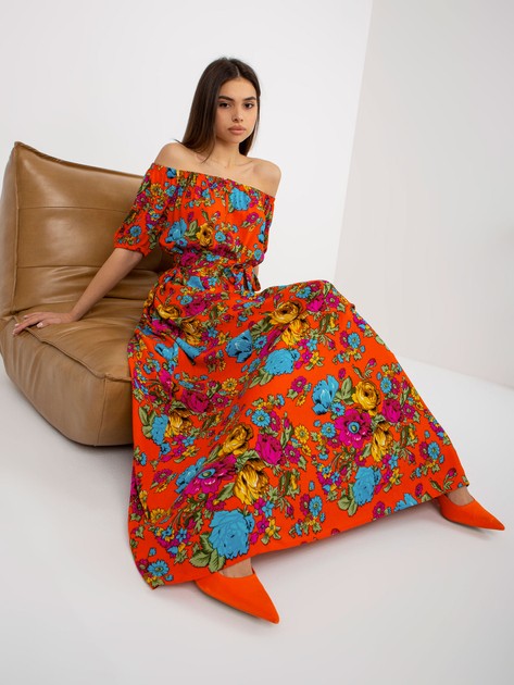 Pomarańczowa maxi sukienka hiszpanka w kwiaty z paskiem