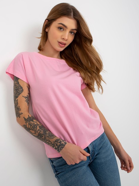 Różowy gładki t-shirt basic z okrągłym dekoltem 