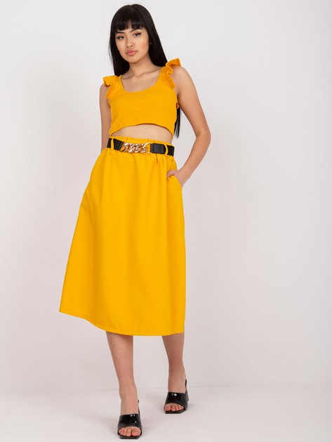 Żółta trapezowa spódnica midi z paskiem 